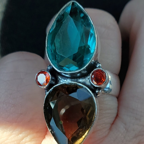 New Stunning Smoky and Green Quartz, Garnet 925 Silver Ring. - Picture 8 of 11